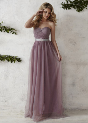 A-line Sweetheart Neck Mauve Ruched Tulle Bridesmaid Dress With Beaded Sash